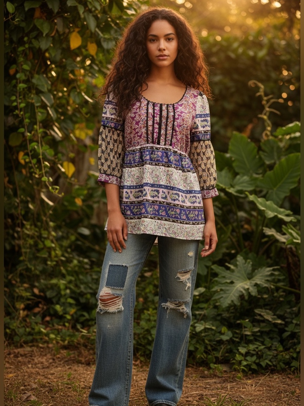 Anthropologie Edmé & Esyllte Silk Cotton Mixed Print Boho Festival Peasant Tunic